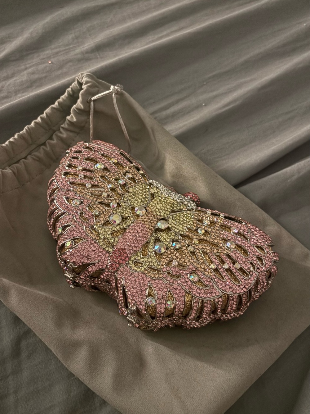 & Other Stories Pink and Gold Butterfly Crystal Clutch
